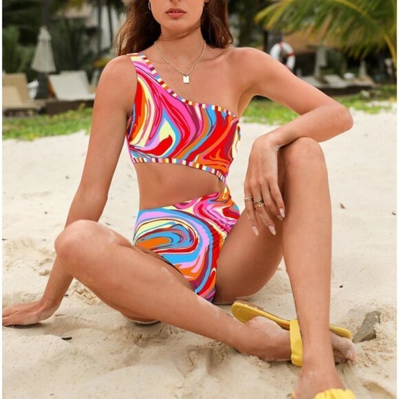 swirly colorful Print One Shoulder One Piece Swimsuit - Picture 3 of 4
